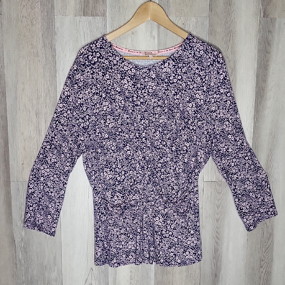 Juicy Couture Womens XL Tunic Top Twisted Front Floral Stretchy Flattering Y2K